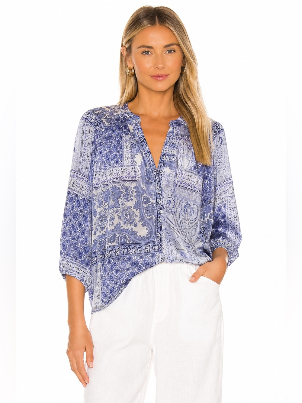 Joie 100% Silk Paisley Blouse Size Large Blue & White